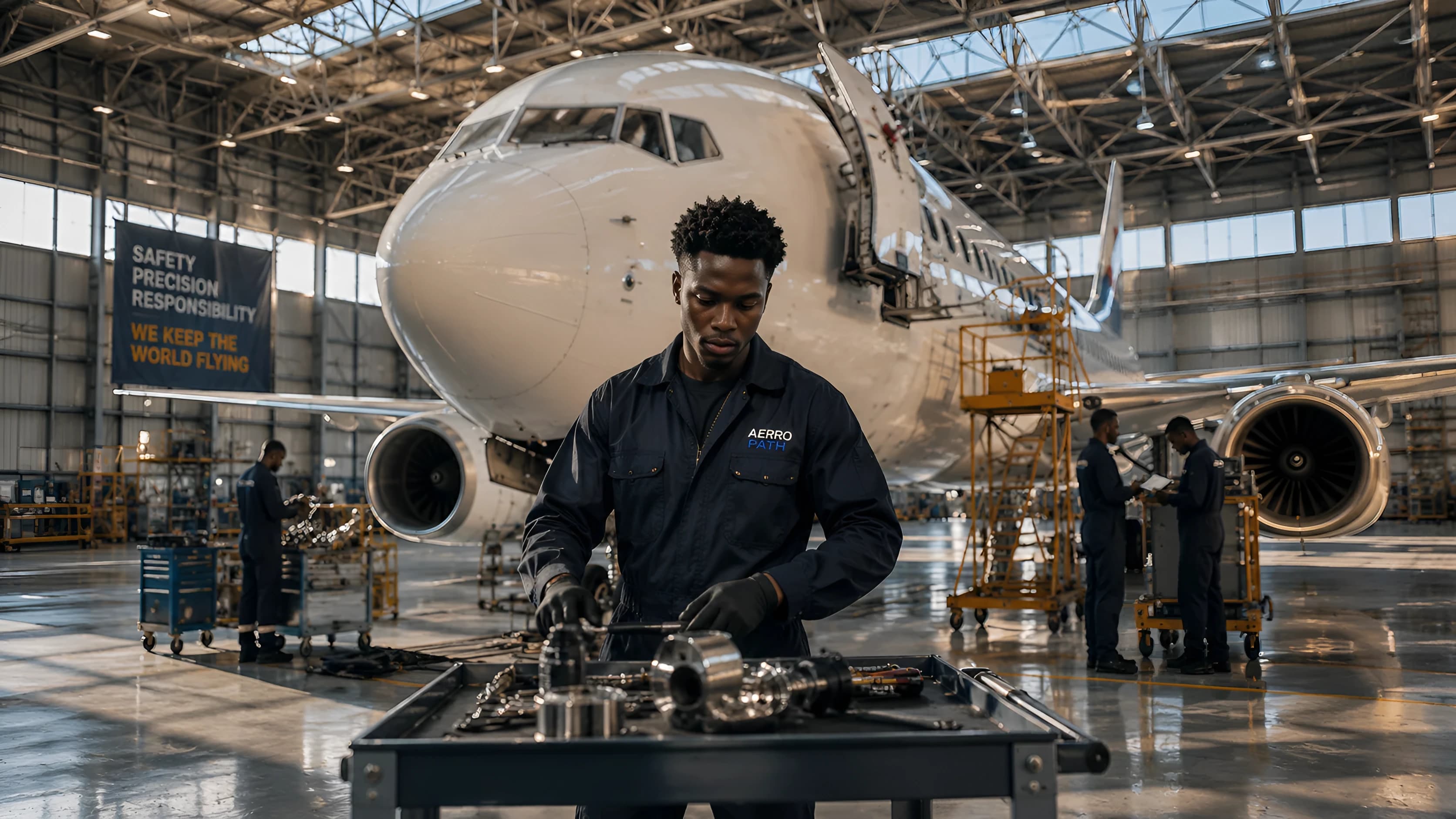 Maintenance technicians at work on an aircraft in a hangar, funded by AERRO PATH's revolving training fund